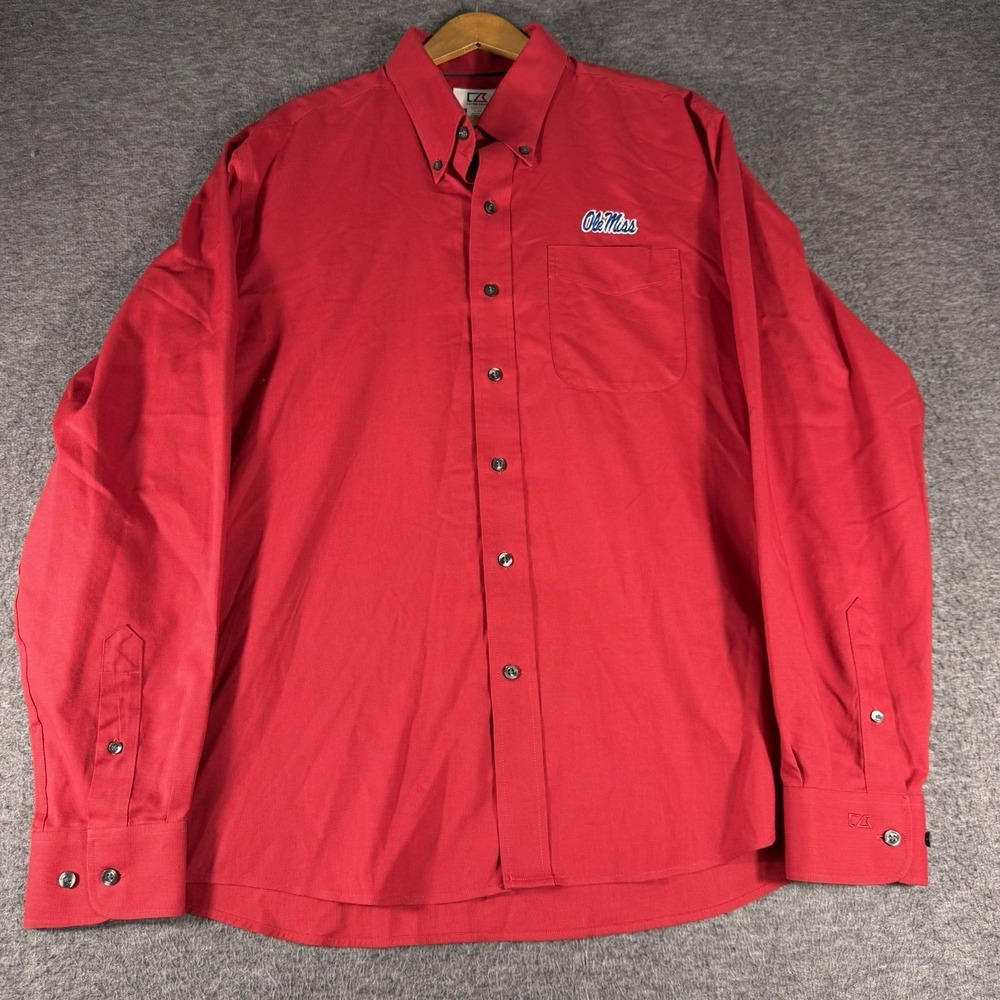 Men's OLE MISS Rebels Long Sleeve Button Down Red Embroidered Size L Football